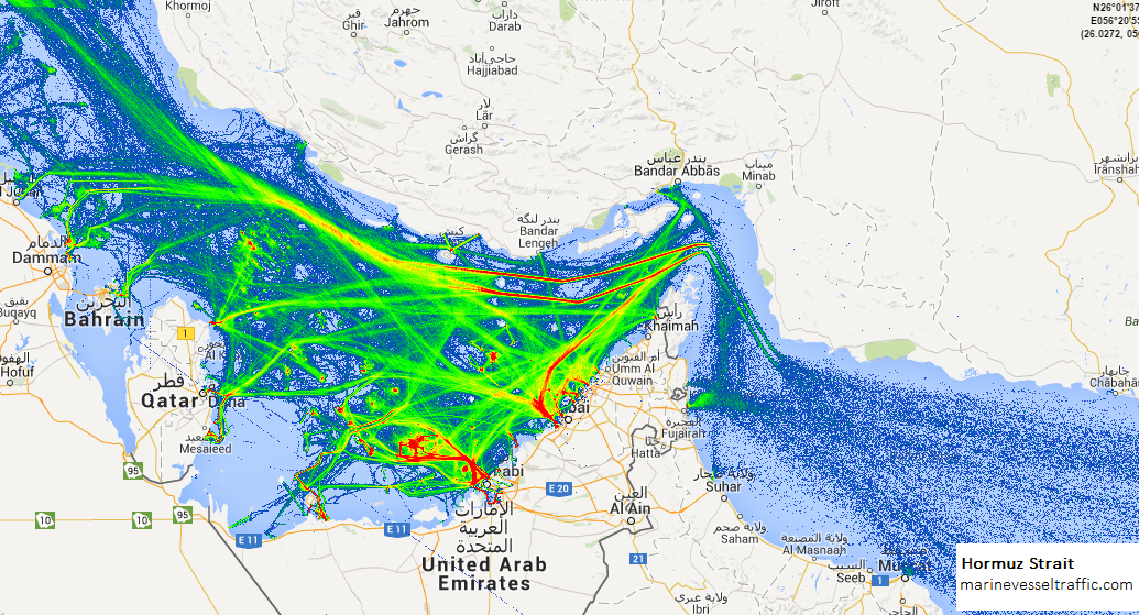 El estrecho de Ormuz es la mayor arteria petrolífera del mundo.Image: Marine Vessel Traffic