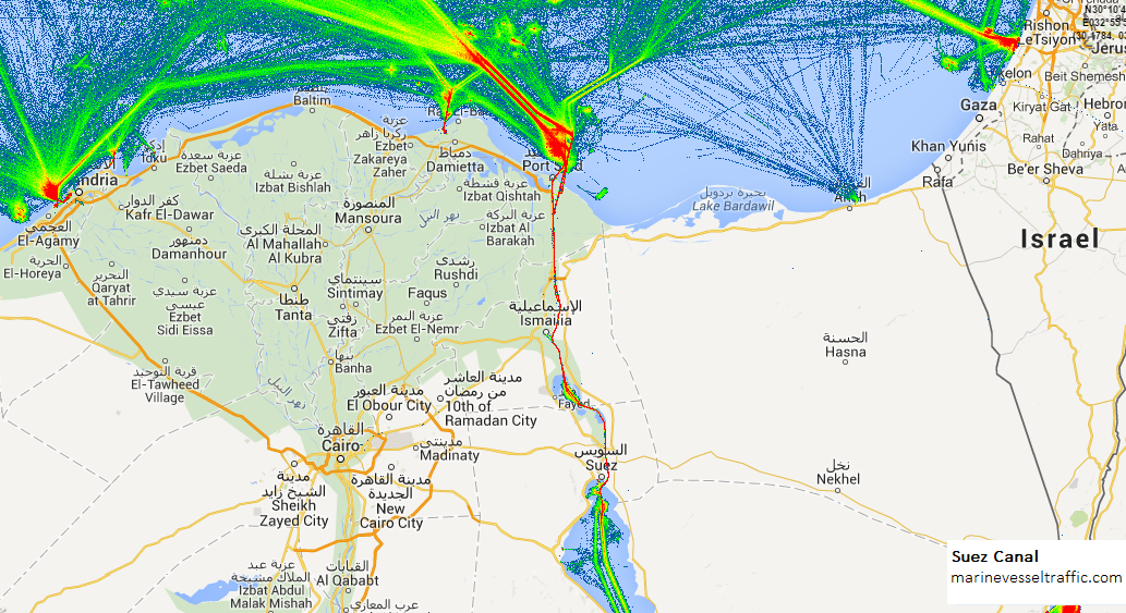 El Canal de Suez es una importante vía navegable que conecta Europa y Asia.Image: Marine Vessel Traffic