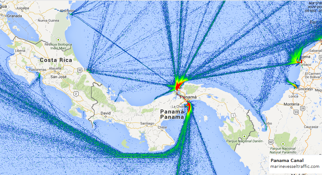 El Canal de Panamá conecta los océanos Atlántico y Pacífico.Image: Marine Vessel Traffic